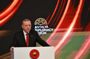 President Recep Tayyip Erdoğan speaks at Antalya Diplomacy Forum, Antalya, southern Türkiye, March 1, 2024. (AA Photo)