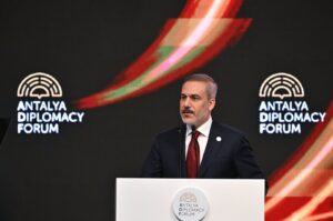 Foreign Minister Hakan Fidan speaks at Antalya Diplomacy Forum in Antalya, March 1, 2024. (AA Photo)