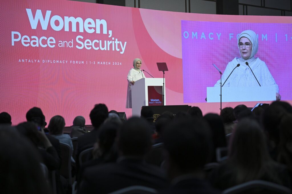 First lady Emine Erdoğan addresses the Antalya Diplomacy Forum, Antalya, southern Türkiye, March 2, 2024. (AA Photo)