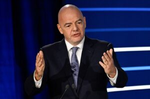 President of FIFA Gianni Infantino gestures as he delivers a speech during the 48th UEFA ordinary Congress held at the Maison de la Mutualite, Paris, France, Feb. 8, 2024. (AFP Photo)