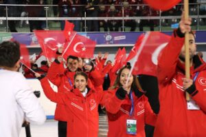 Team Türkiye enters the Yenişehir 2000 Ice Skating Arena ahead of the 20th Deaflympics Winter Games, Erzurum, Türkiye, March 2, 2024. (AA Photo)