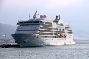 A cruise ship is seen sailing on the coast of Antalya, Türkiye, March 3, 2024. (DHA Photo)