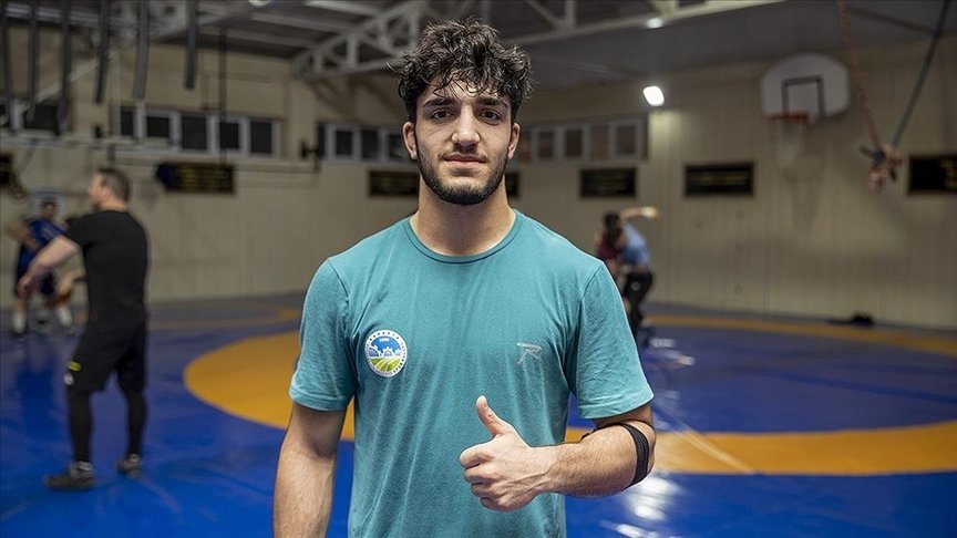 Turkish wrestler Muhammet Ali Göçmen poses for a photo after a training session at the Sakarya Municipality Sports Club, Sakarya, Türkiye, March 3, 2024. (AA Photo)