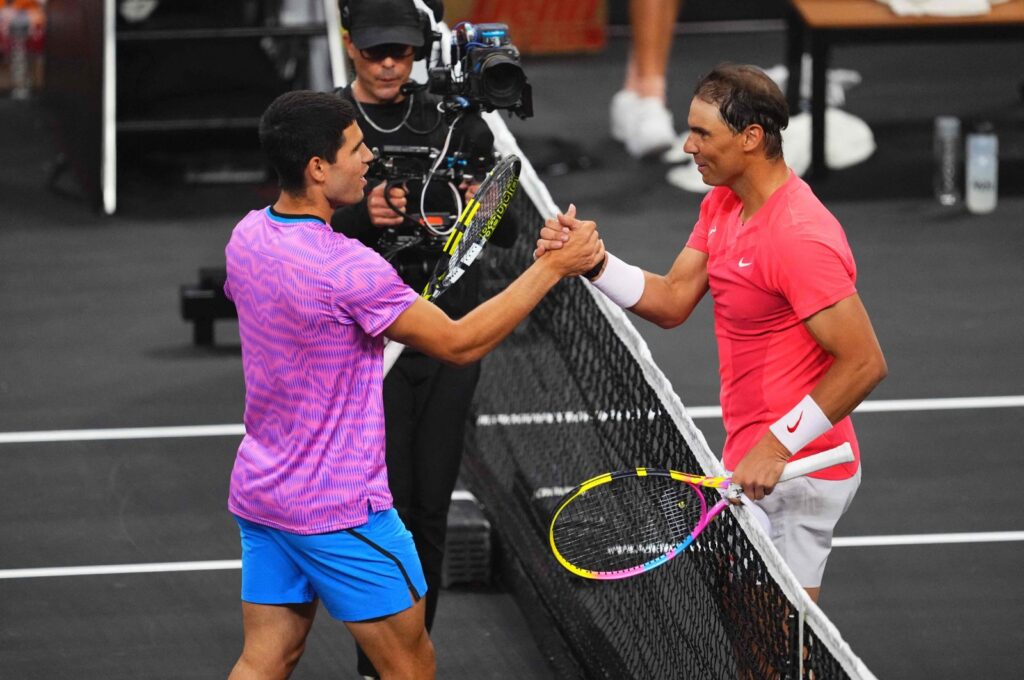 Carlos Alcaraz (L) and Rafael Nadal attend The Netflix Slam at Michelob ULTRA Arena, Las Vegas, U.S., March 3, 2024. (AFP Photo)