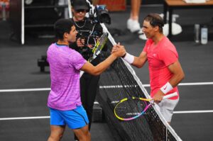 Carlos Alcaraz (L) and Rafael Nadal attend The Netflix Slam at Michelob ULTRA Arena, Las Vegas, U.S., March 3, 2024. (AFP Photo)