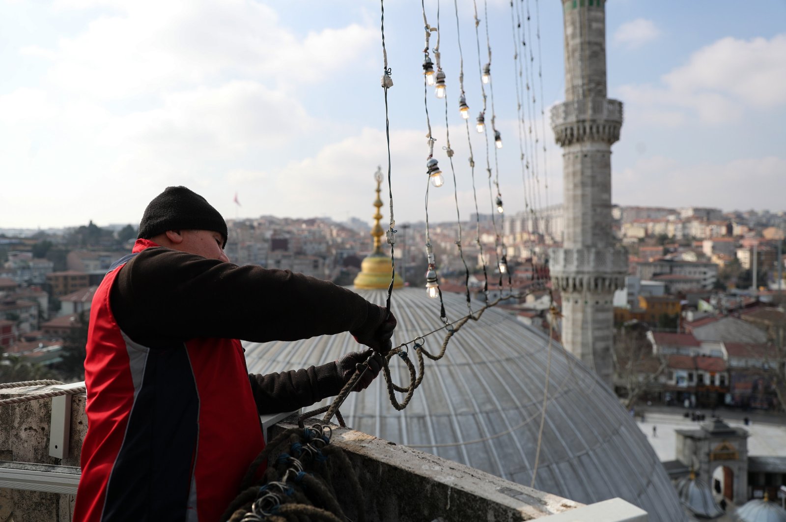 Mahyas are hung on Eyüpsultan Mosque ahead of the holy month of Ramadan, Istanbul, Türkiye, March 4, 2024. (AA Photo)