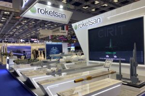 The booth of missile producer Roketsan at the Doha International Maritime Defence Exhibition and Conference (DIMDEX 2024), Doha, Qatar, March 4, 2024. (AA Photo)