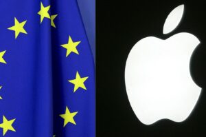 This combination of file photos shows the European Union flag (L) at the European Commission building, Brussels, Belgium, April 23, 2021, and the logo of the U.S. Apple computer group, Paris, France, Sept. 20, 2005. (AFP Photo)