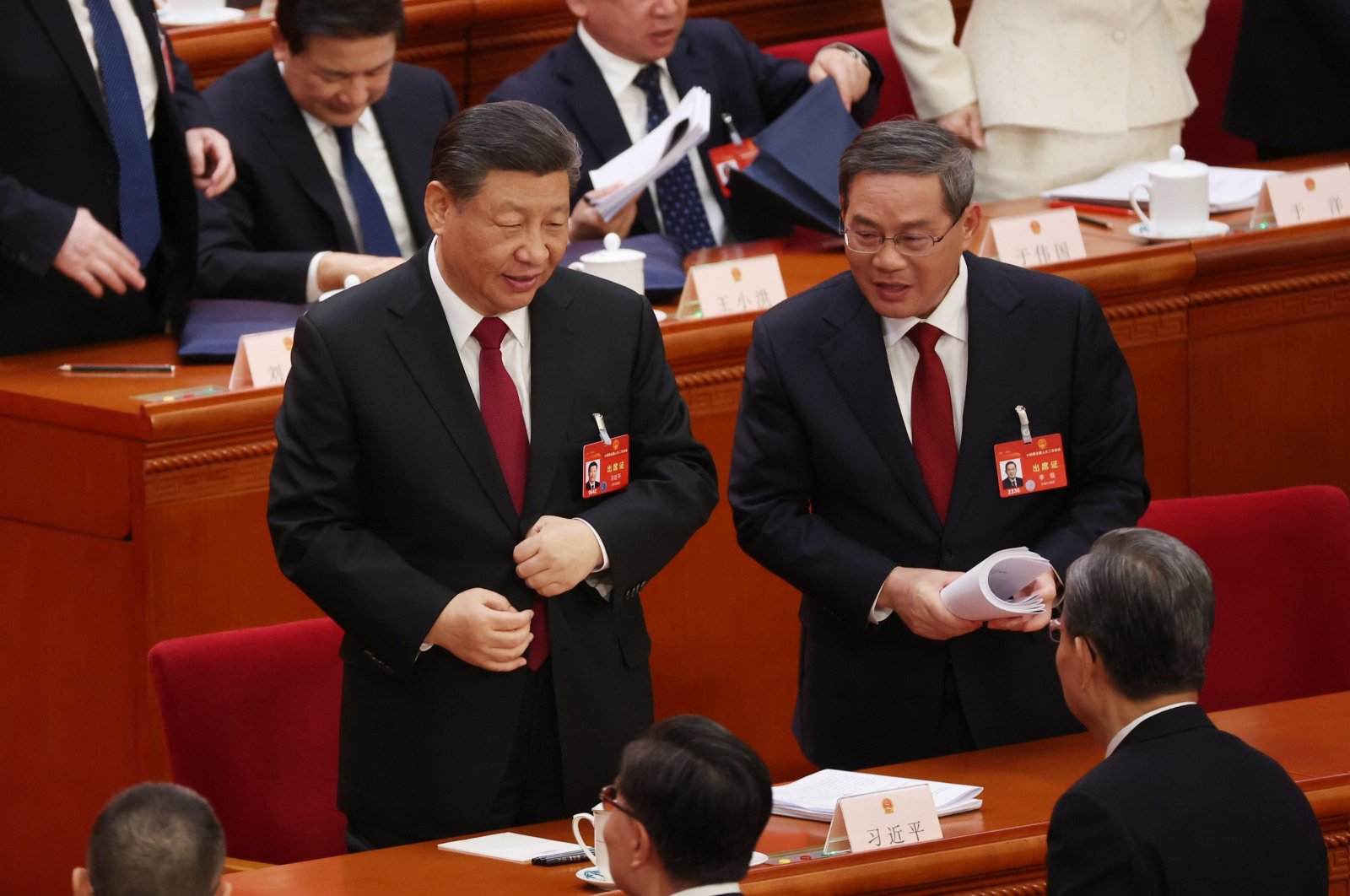 Chinese President Xi Jinping (L) and Premier Li Qiang (R) during the opening ceremony of the second session of the 14th National People's Congress of China in Beijing, China, March 5, 2024. (EPA Photo)