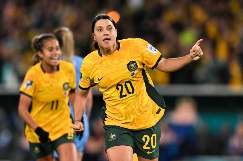 Australia's Sam Kerr celebrates scoring her team's first goal during the Australia and New Zealand 2023 Women's World Cup semifinal match against England at Stadium Australia, Sydney, Australia, Aug. 16, 2023. (AFP Photo)