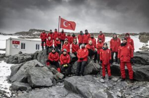 The team of Türkiye's 8th National Antarctic Science Expedition poses for a photo at Horseshoe Island, Antarctica, in an undated photo during their research in 2024. (AA Photo)