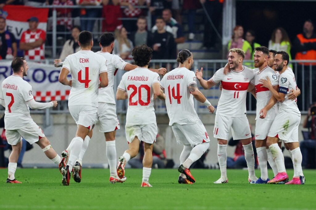 Türkiye's Barış Alper Yılmaz celebrates with teammates after scoring a goal against Croatia in their UEFA Euro 2024 Group D qualification football match at the OPUS Arena Stadium in Osijek, Croatia, Oct. 12, 2023. (Reuters Photo)