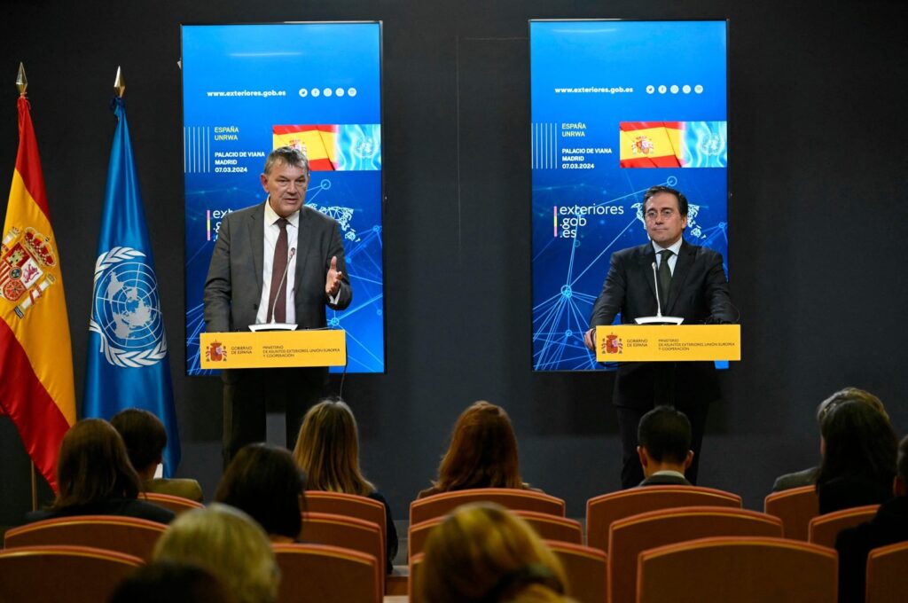 Spain's Minister of Foreign Affairs Jose Manuel Albares and U.N. Palestinian refugee aid agency (UNRWA) chief Philippe Lazzarini give a joint news conference in Madrid, Spain, March 7, 2024. (AFP Photo)