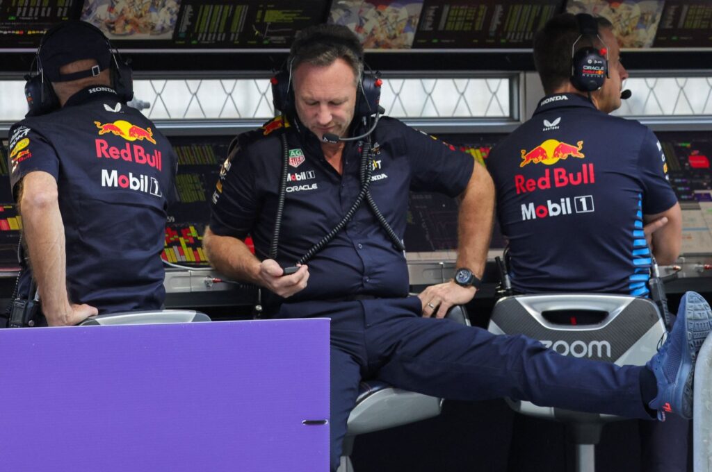 Red Bull Racing team principal Christian Horner sits on the pit wall following the first practice session of the Saudi Arabian Formula One Grand Prix, Jeddah Corniche Circuit, Jeddah, Saudi Arabia, March 7, 2024. (AFP Photo)