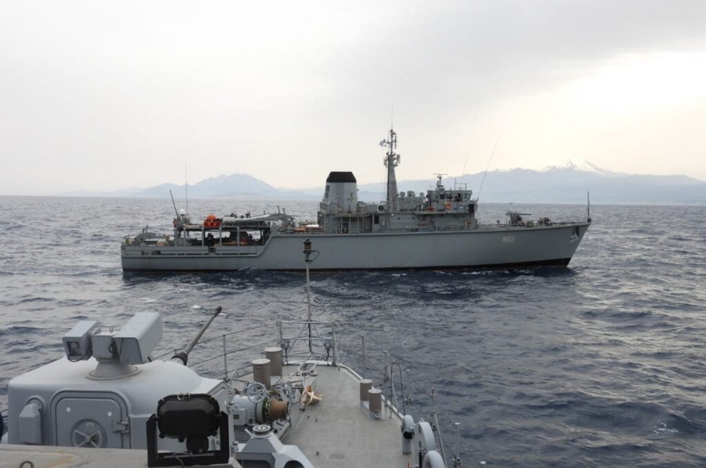 Türkiye’s minehunter TCG Anamur and Greece's HS Evropi participate in the drill, March 2, 2024. (AA Photo)