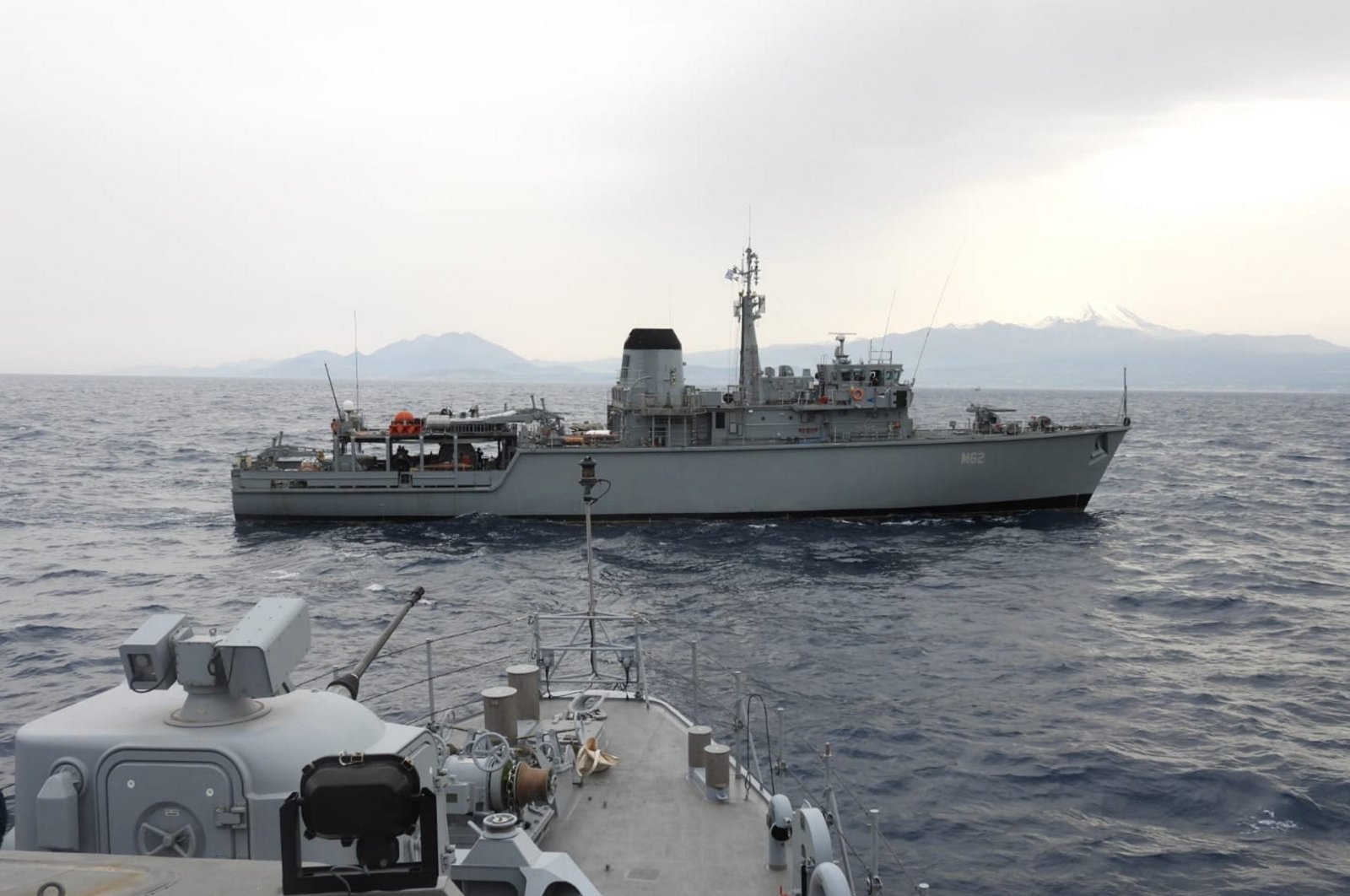 Türkiye’s minehunter TCG Anamur and Greece's HS Evropi participate in the drill, March 2, 2024. (AA Photo)
