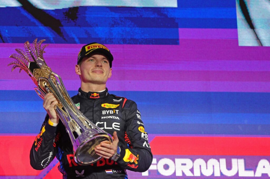 Red Bull's Max Verstappen celebrates winning the Saudi Arabian F1 GP, Jeddah, Saudi Arabia, March 9, 2024. (AFP Photo)