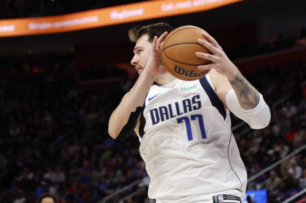 Dallas Mavericks guard Luka Doncic grabs a rebound in an NBA game against the Detroit Pistons, Detroit, Michigan, U.S., Mar 9, 2024. (Reuters Photo)