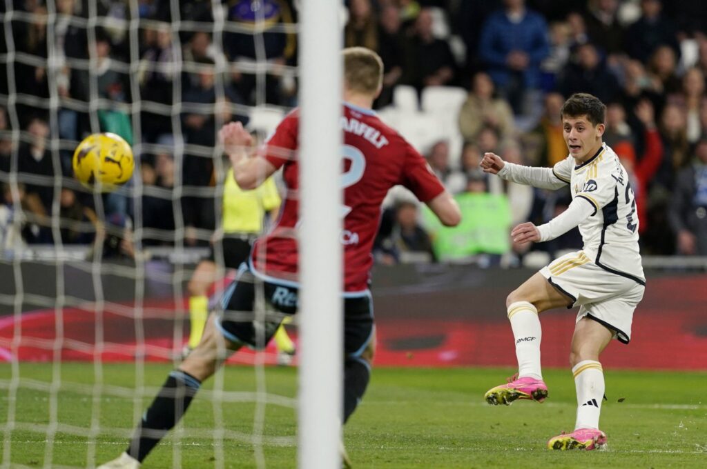 Real Madrid's Arda Güler (R) scores their fourth goal during the La Liga match against Celta Vigo at the Santiago Bernabeu, Madrid, Spain, March 10, 2024. (Reuters Photo)