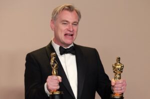 Christopher Nolan poses with the Oscar for Best Picture and Best Director Oscar for "Oppenheimer," in the Oscars photo room at the 96th Academy Awards in Hollywood, Los Angeles, California, U.S., March 10, 2024. (Reuters Photo)