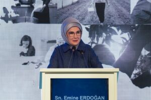 First lady Emine Erdoğan speaks at the "Women's Labor Summit" on the occasion of International Women's Day, Ankara, Türkiye, March 8, 2024. (AA Photo)