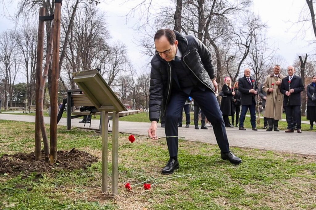 Ceremony held in memory of slain Ambassador Galip Balkar in Tasmajdan Park in the capital Belgrade, March 11, 2024. (AA Photo)