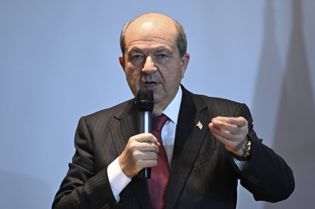 Turkish Republic of Northern Cyprus (TRNC) President Ersin Tatar speaks at the 2nd Global Destination Exchange Forum, Berlin, Germany, March 4, 2024. (AA Photo)