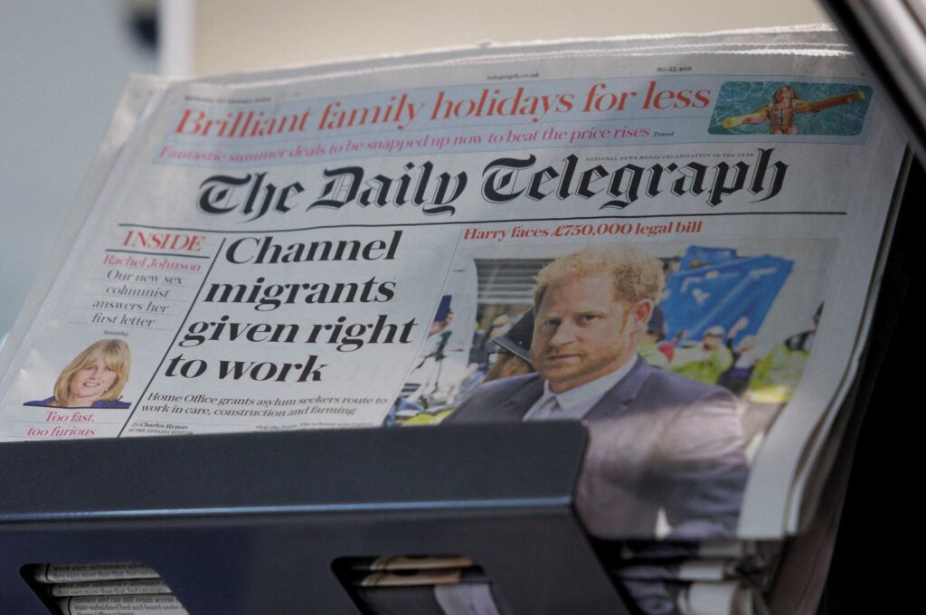 Copies of The Daily Telegraph are displayed on a rack in a supermarket in London, Britain, Jan. 20, 2024. (Reuters Photo)