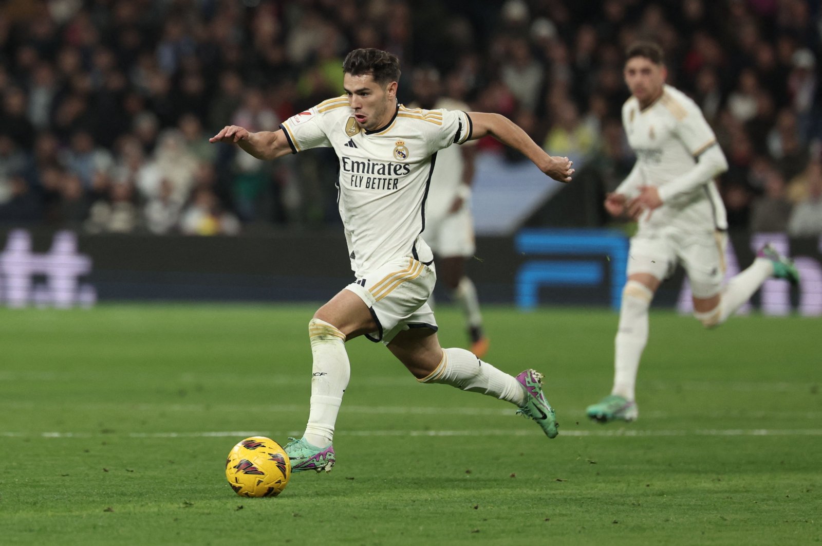 Real Madrid's Brahim Diaz runs with the ball during the Spanish league football match against Villarreal at the Santiago Bernabeu stadium, Madrid, Spain, Dec. 17, 2023. (AFP Photo)