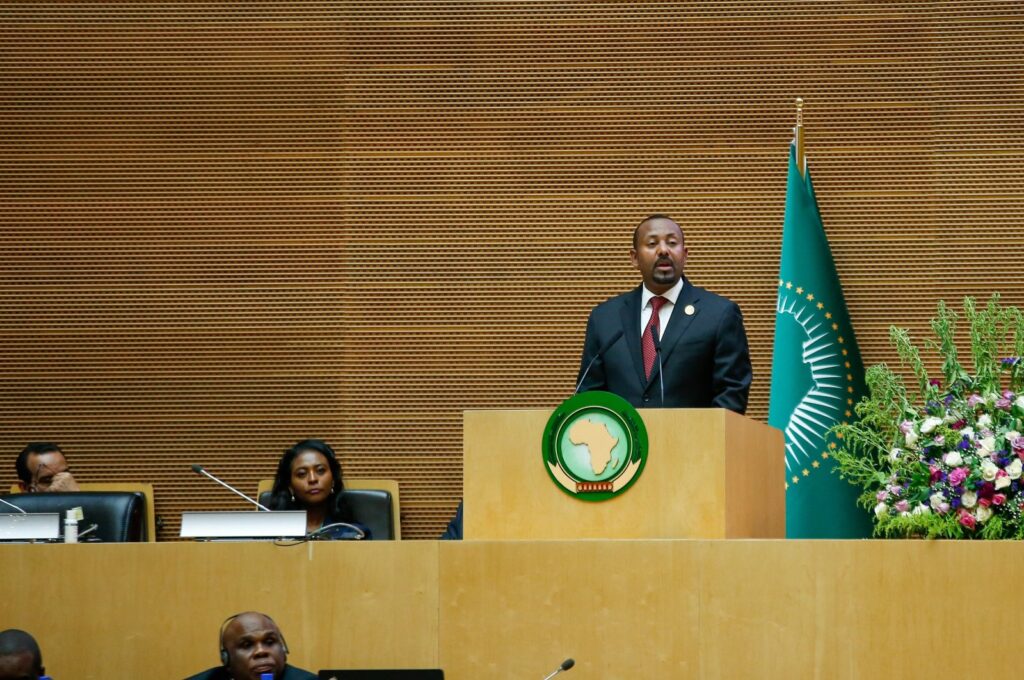 Ethiopia's Prime Minister Abiy Ahmed addresses African heads of state during the 37th Ordinary Session of the Assembly of the Heads of State in Addis Ababa, Ethiopia, Feb. 17, 2024. (EPA Photo)