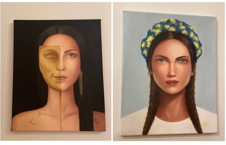 "Every Days Smile" (L) and "Pray for Ukraine" by Tanja Regenbrecht at the "Art for Women" exhibition, Istanbul, Türkiye, March 13, 2024. (Photos by Buse Keskin)