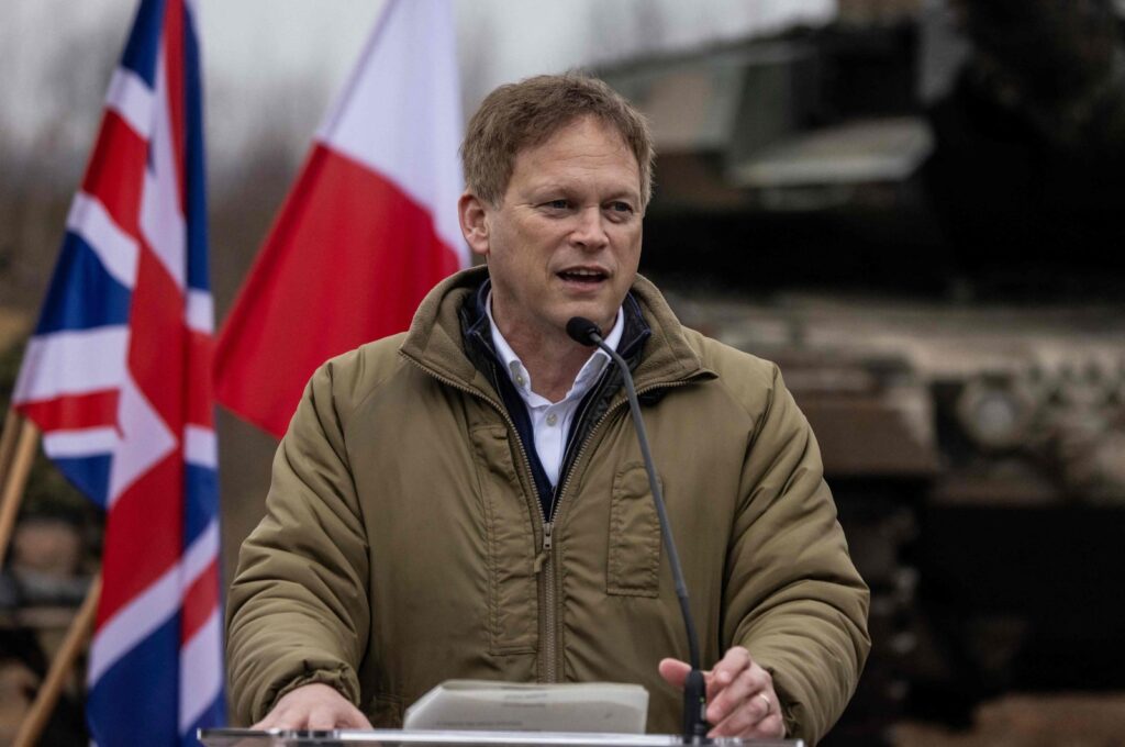 Britain's Secretary of Defense Grant Shapps speaks during a joint news conference with the Polish defense minister after their meeting on a military training compound next to Orzysz, North-Eastern Poland, on March 13, 2024. (AFP Photo)