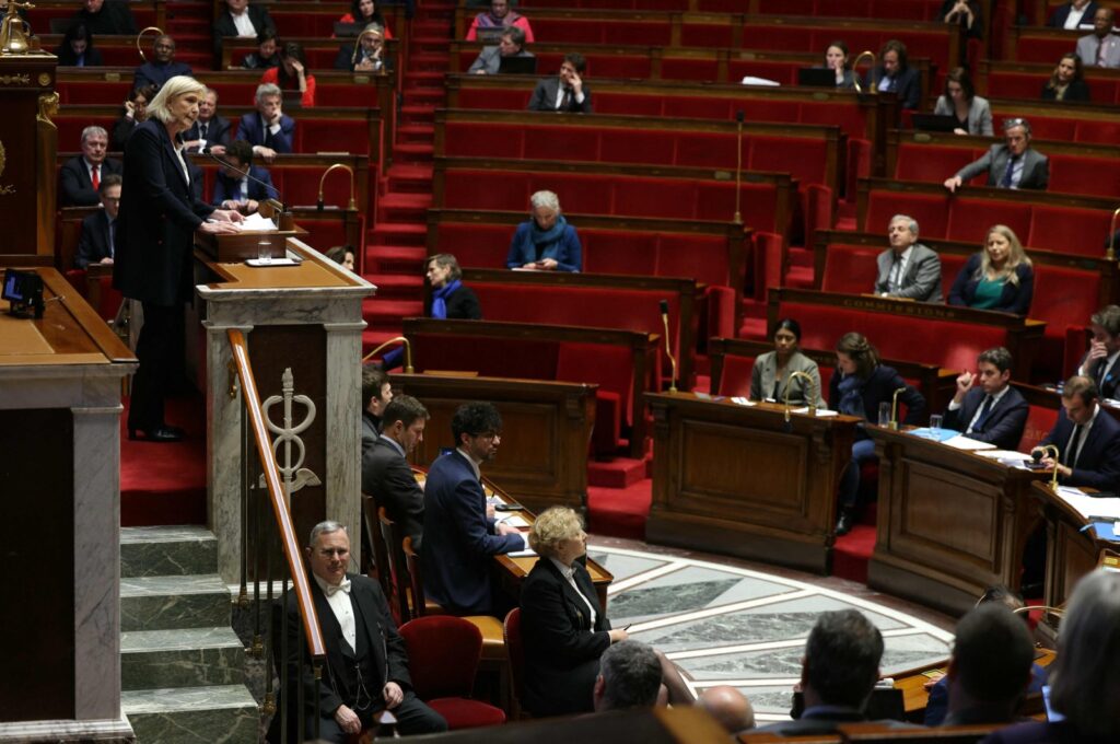 President of the 'Rassemblement National' (RN) parliamentary group Marine Le Pen delivers a speech during a debate on Ukraine at the National Assembly in Paris on March 12, 2024. (AFP Photo)