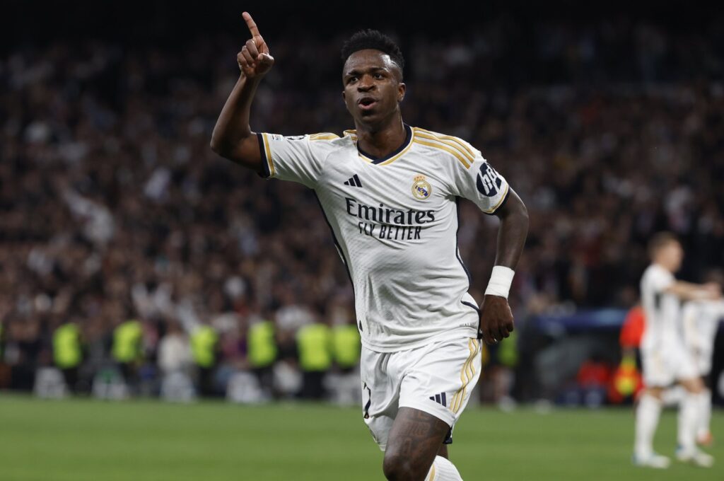 Real Madrid's Vinicius Junior celebrates after scoring the 1-0 goal during the UEFA Champions League round of 16 second leg match against RB Leipzig, Madrid, Spain, March 6, 2024. (EPA Photo)