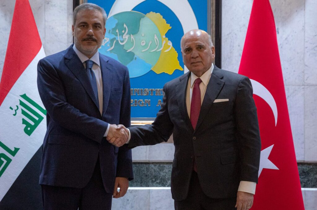 Iraqi Foreign Minister Fuad Hussein (R) receives his Turkish counterpart Hakan Fidan for talks, Baghdad, Iraq, on March 14, 2024. (AFP Photo)