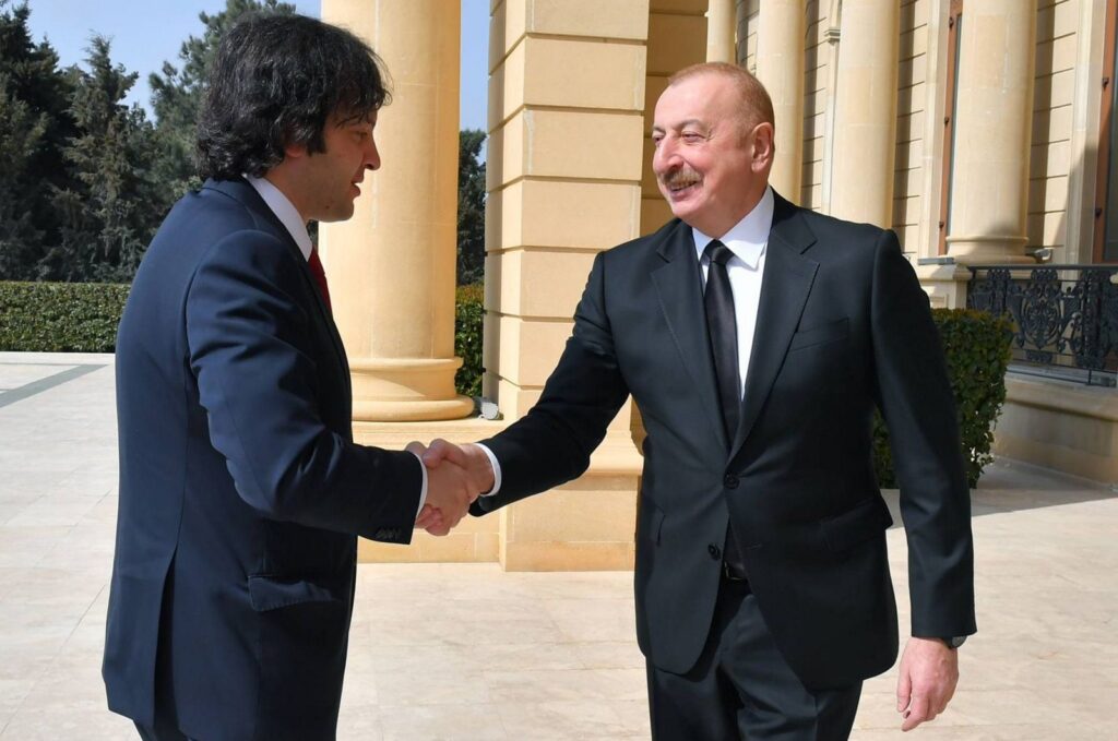 Azerbaijani President Ilham Aliyev (R) shakes hands with Georgian Prime Minister Irakli Kobakhidze, Baku, Azerbaijan, March 16, 2024. (AA Photo)