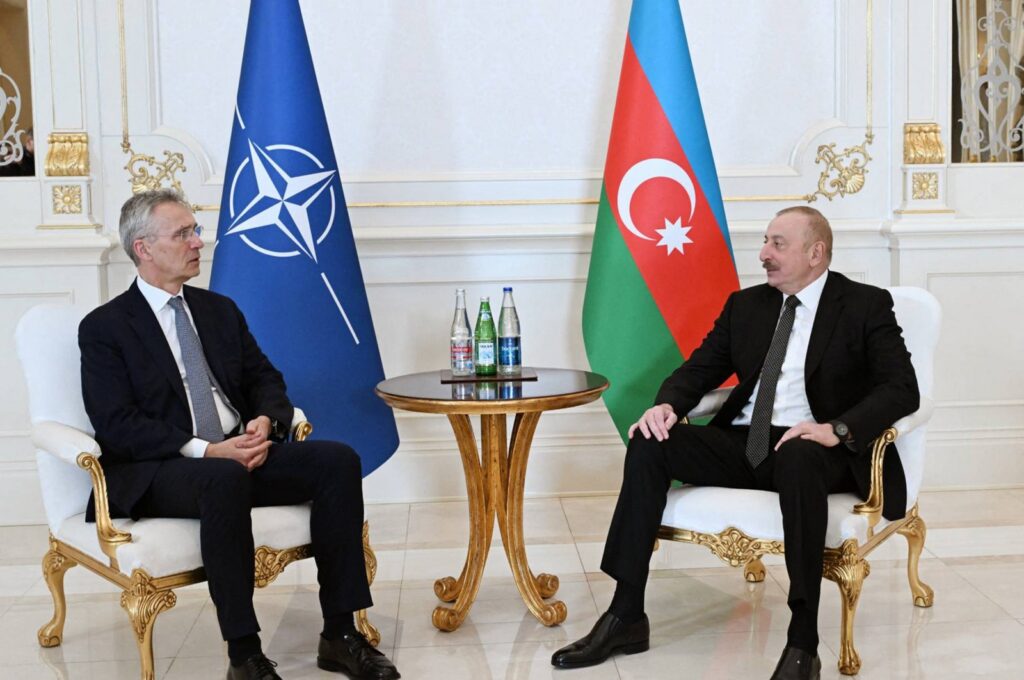 Azerbaijani President Ilham Aliyev (R) meets with NATO Secretary-General Jens Stoltenberg, Baku, Azerbaijan, March 17, 2024. (AFP Photo)