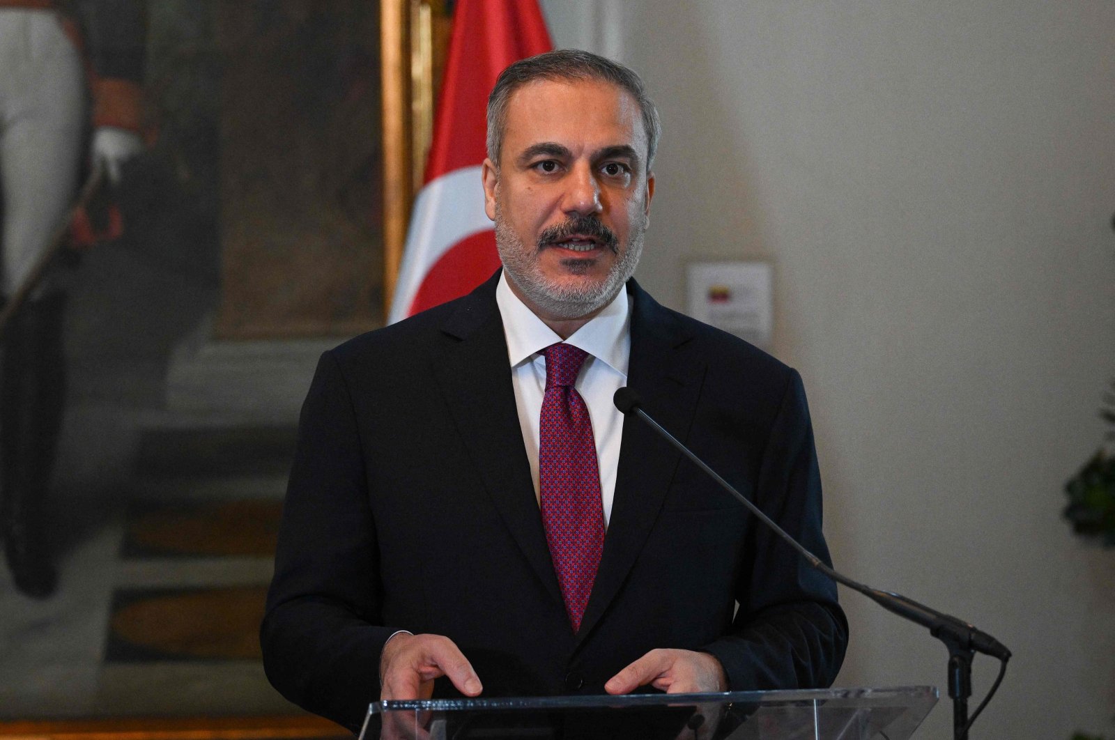 Foreign Minister Hakan Fidan speaks during a press conference at the Ministry of Foreign Affairs of Venezuela in Caracas on Feb. 24, 2024. (AFP File Photo)
