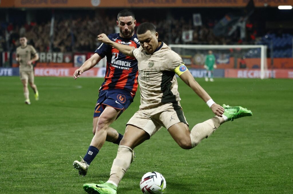 Paris Saint-Germain's Kylian Mbappe in action during the Ligue 1 match against Montpellier at Stade de la Mosson, Montpellier, France, March 17, 2024. (Reuters Photo)