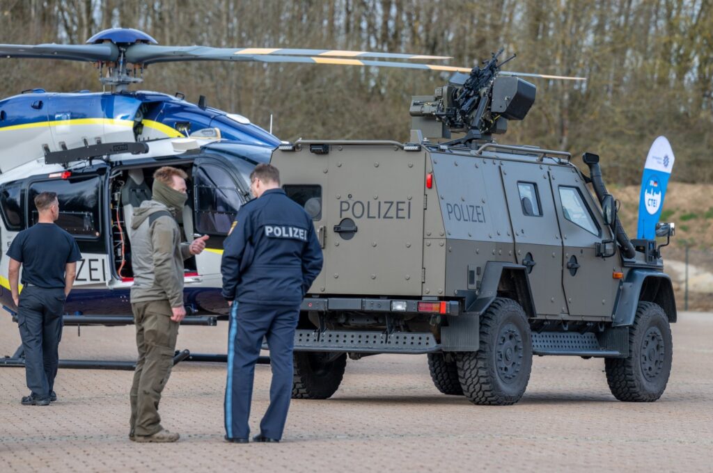 The Enok 6.2 armored offensive vehicle of the special units is on the sidelines of the large-scale transnational exercise on the grounds of the riot police. Special police and customs units as well as members of the German Armed Forces, rescue services, fire department and technical relief organization are taking part in the counter-terrorism exercise "Counter Terrorism Exercise 2024," March 17, 2024. (Reuters Photo)