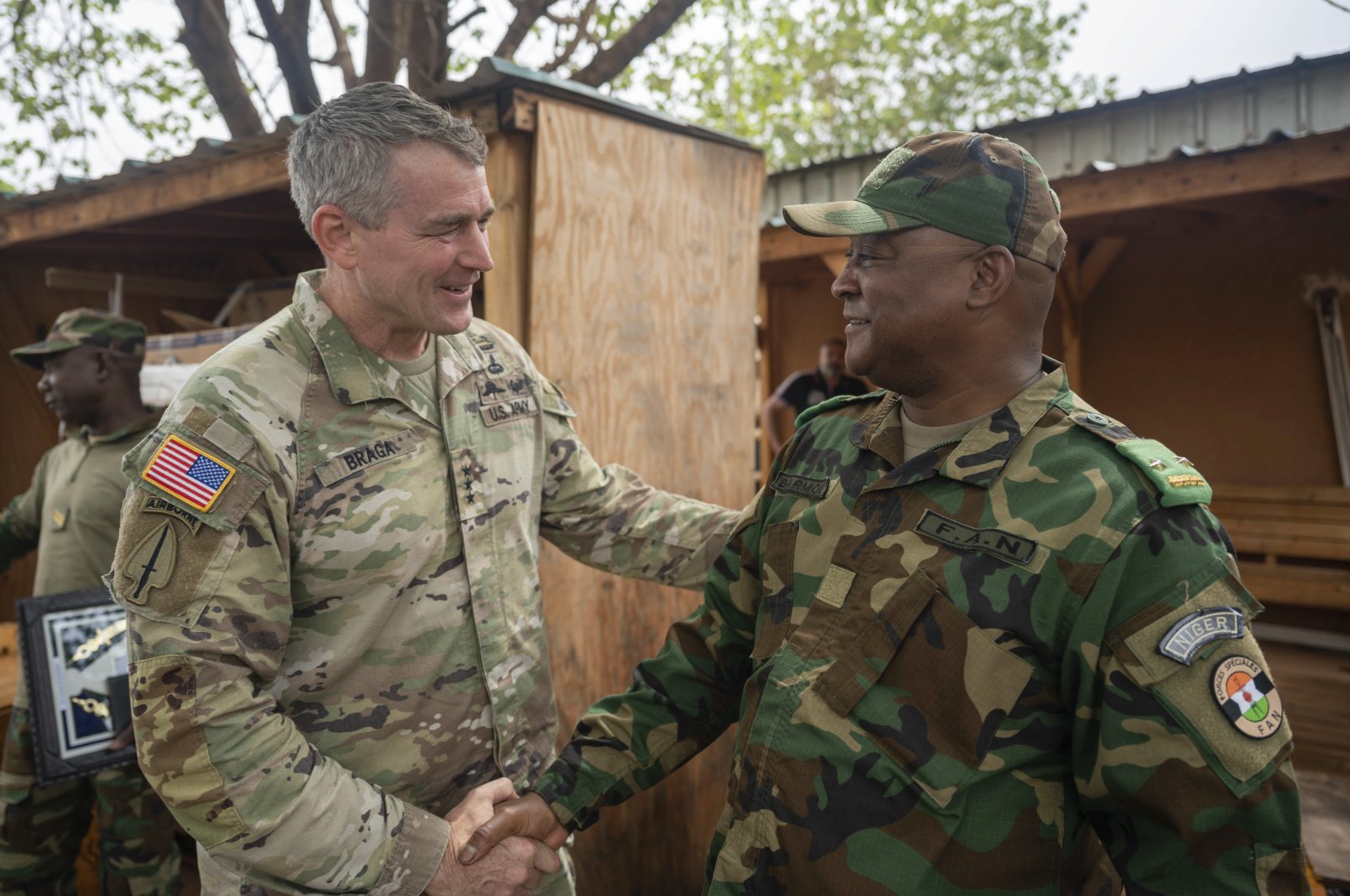 U.S. Army Lt. Gen. Jonathan Braga (L) meets with Maj. Gen. Moussa Barmou, Niger's Special Operations Forces commander, to discuss counterterrorism policies and tactics throughout Niger, at Air Base 101, Niger, June 12, 2023. (AP Photo)
