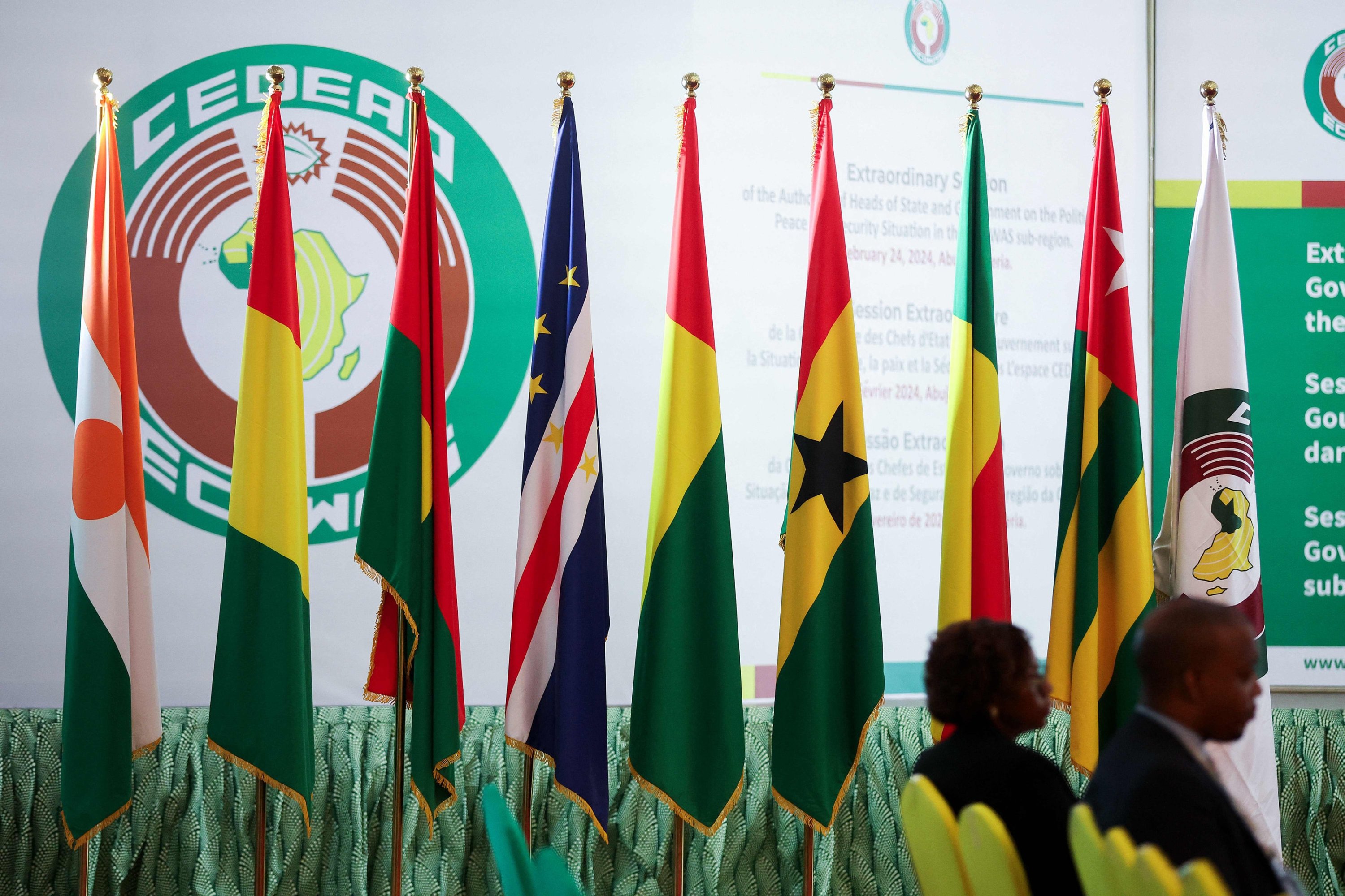 320335 The flags of the Economic Community of West African States Commission (ECOWAS) countries are displayed inside the Nigerian presidential villa, after the extraordinary session of ECOWAS heads of state and government in Abuja, Nigeria, Feb. 24, 2024. (AFP Photo)