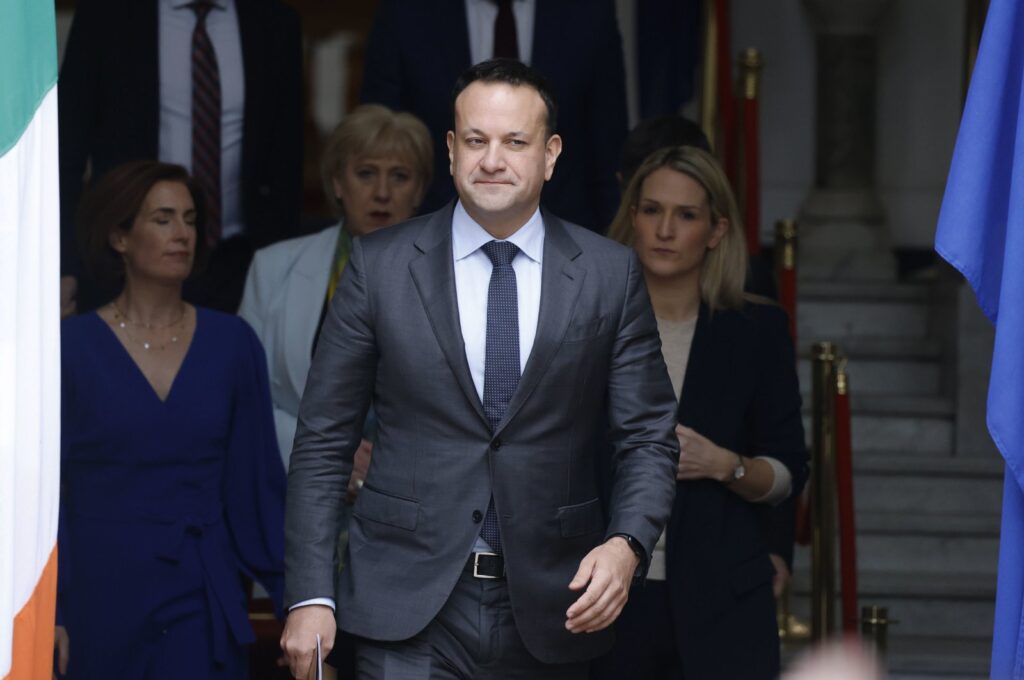 Irish Prime Minister Leo Varadkar arrives for a statement in Dublin, Ireland, March 20, 2024. (AP Photo)