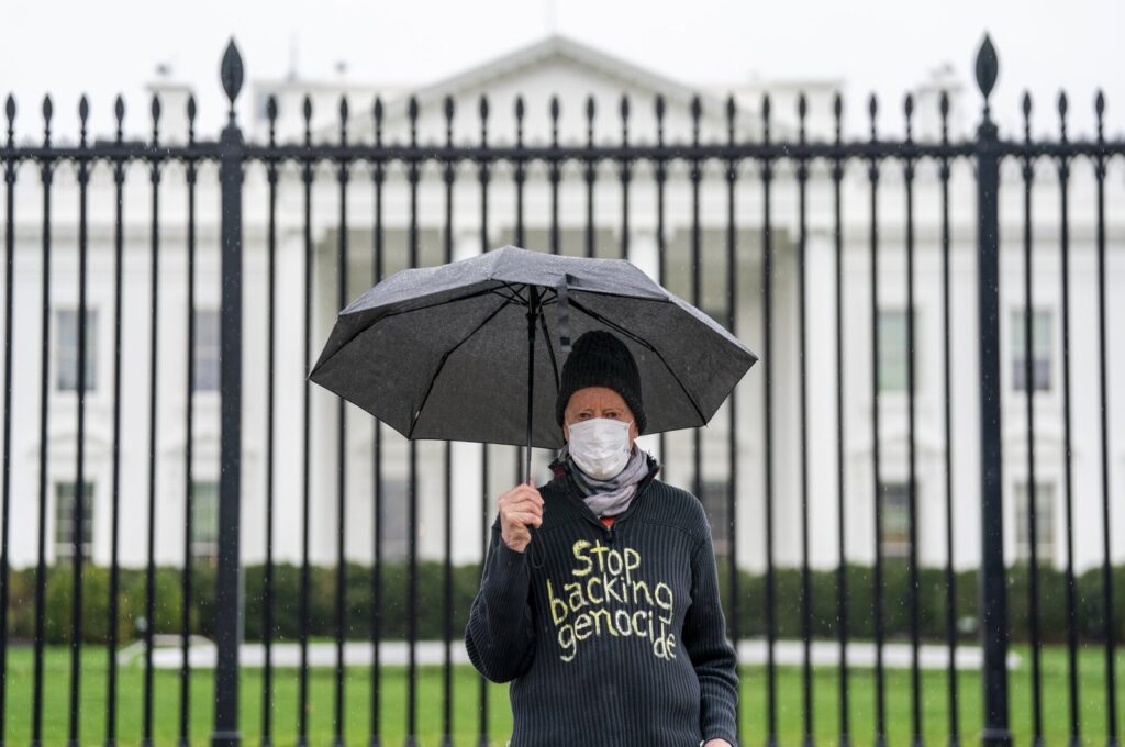 A protester calls for a cease-fire in Gaza during a demonstration outside of the White House in Washington, D.C., U.S., March 6, 2024. (EPA Photo)