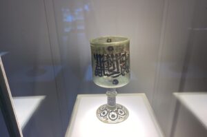 Visitors show great interest in the unique Mamluk lamp, alongside Turkish glassware, at the Beykoz Glass and Crystal Museum, Istanbul, Türkiye, March 21, 2024. (IHA Photo)