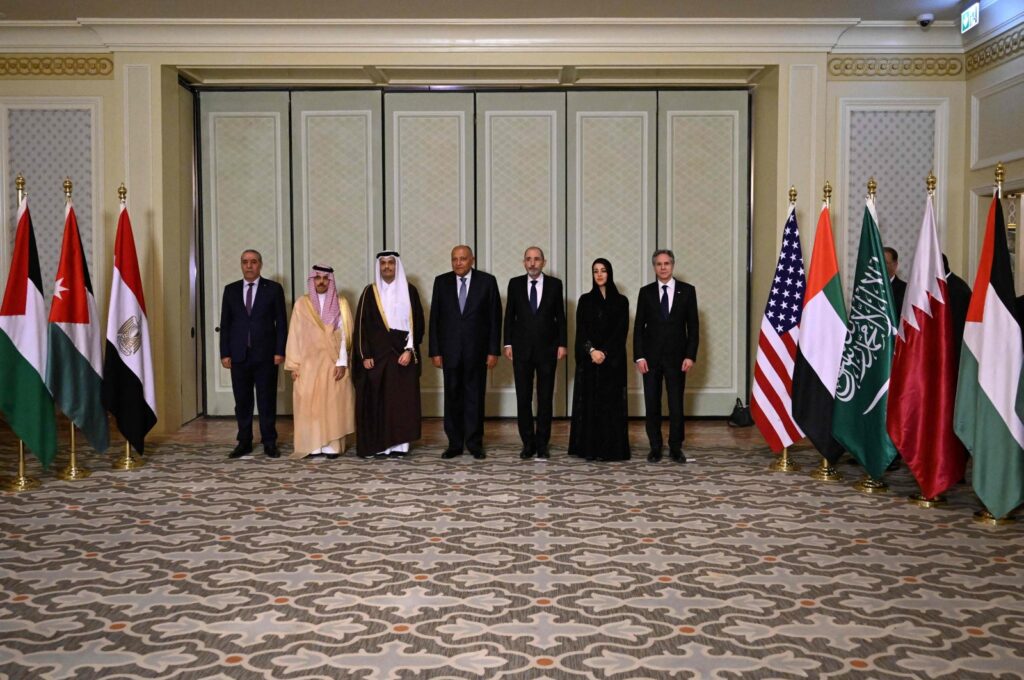 From right to left, U.S. Secretary of State Antony Blinken, UAE Minister of State for International Cooperation Reem Ibrahim Al Hashimi, Jordanian Foreign Minister Ayman Safadi, Egyptian Foreign Minister Sameh Shoukry, Qatari Foreign Minister Sheikh Mohammed bin Abdulrahman bin Jassim Al Thani, Saudi Arabia's Foreign Minister Prince Faisal bin Farhan and Secretary-General of the Executive Committee of the Palestine Liberation Organisation (PLO) Hussein Al-Sheikh, pose for a group picture before their meeting in Cairo, Egypt, March 21, 2024. (AFP Photo)