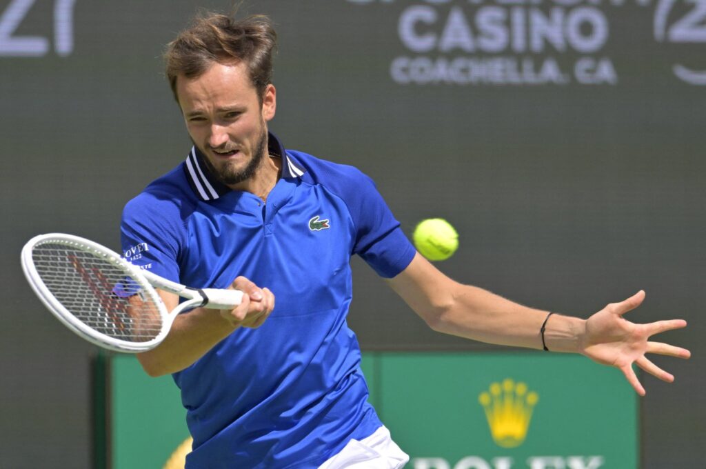 Daniil Medvedev hits a shot in the final match against Carlos Alcaraz during the in the BNP Paribas open at the Indian Wells Tennis Garden, Indian Wells, U.S., March 17, 2024. (Reuters Photo)