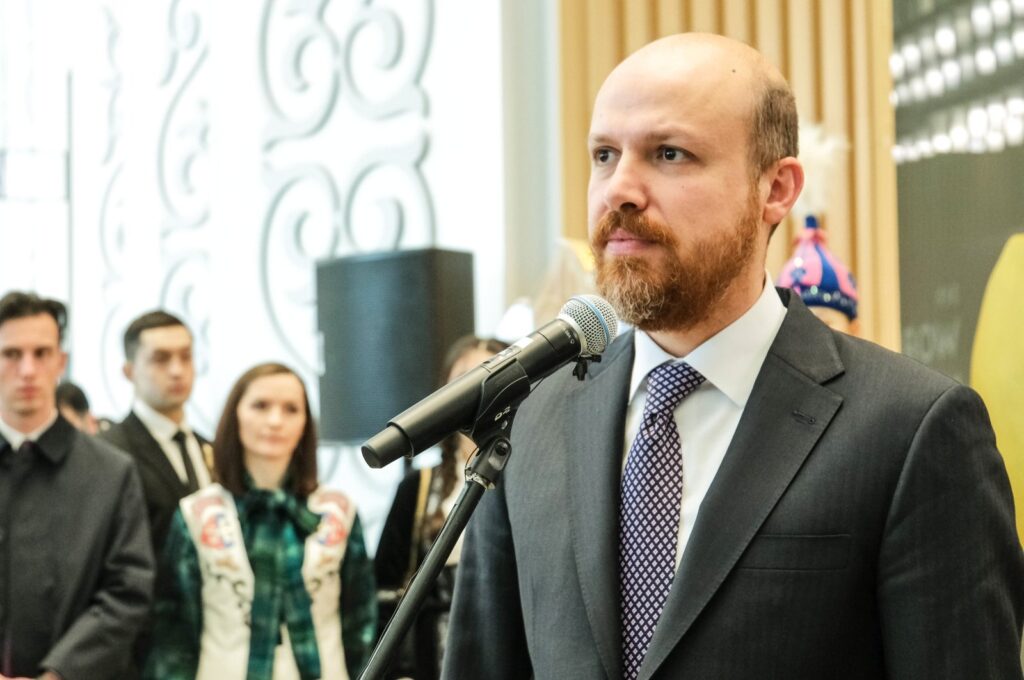 World Ethnosports Confederation President Bilal Erdoğan speaks at the countdown ceremony of the 5th World Nomad Games, Astana, Kazakhstan, March 22, 2024. (AA Photo)