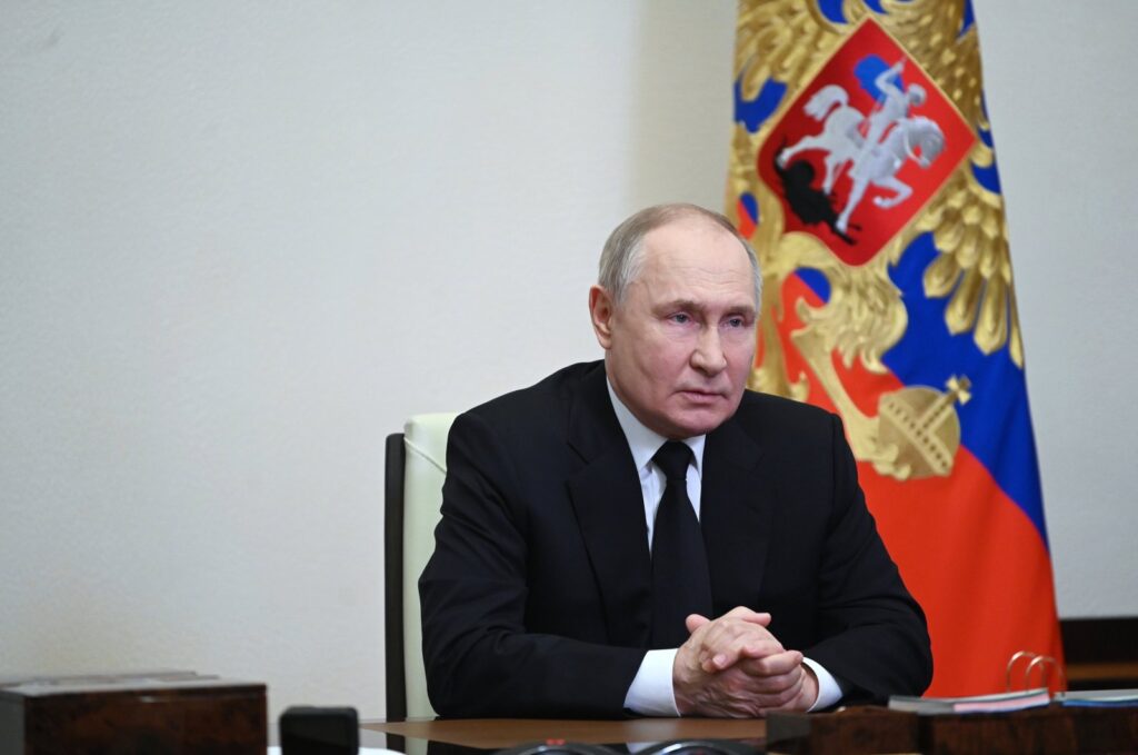 Russian President Vladimir Putin addresses citizens following a terrorist attack at the Crocus City Hall concert venue in Moscow region, Moscow, Russia, March 23, 2024. (Kremlin Pool Photo via EPA)