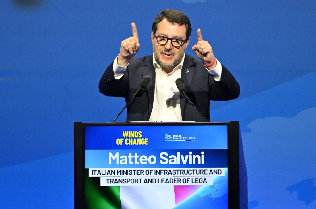 Italy's Deputy Prime Minister and leader of the Italian far-right party "Lega" Matteo Salvini, addresses a rally of Identity and Democracy (ID), a right-wing to the far-right group at the European Parliament, organized by Lega in Rome, on March 23, 2024. (AFP Photo)